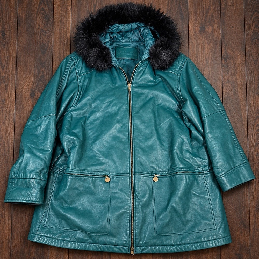 Jacqueline Ferrar Leather Jacket 3XL Teal Nappa Parka Hooded Real Fox Fur Coat